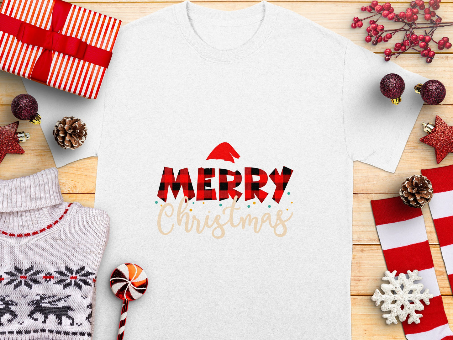 Original Merry Christmas T-Shirt with Festive Buffalo Plaid