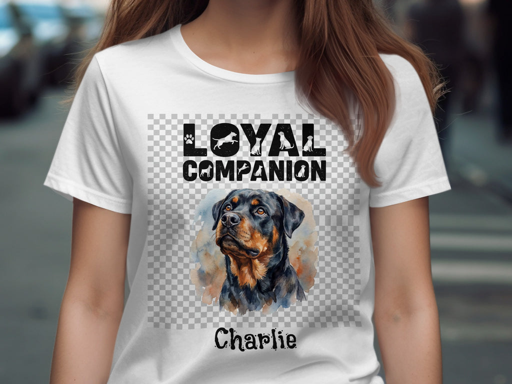 White t-shirt with watercolor Rottweiler portrait and "Loyal Companion Charlie" text.