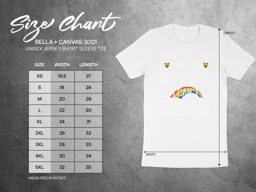 BELLA + CANVAS 3001 unisex jersey short sleeve tee size chart with width and length measurements.