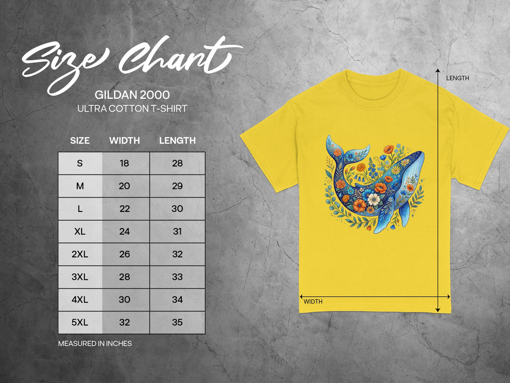 Gildan 2000 Ultra Cotton T-Shirt size chart with measurements in inches.