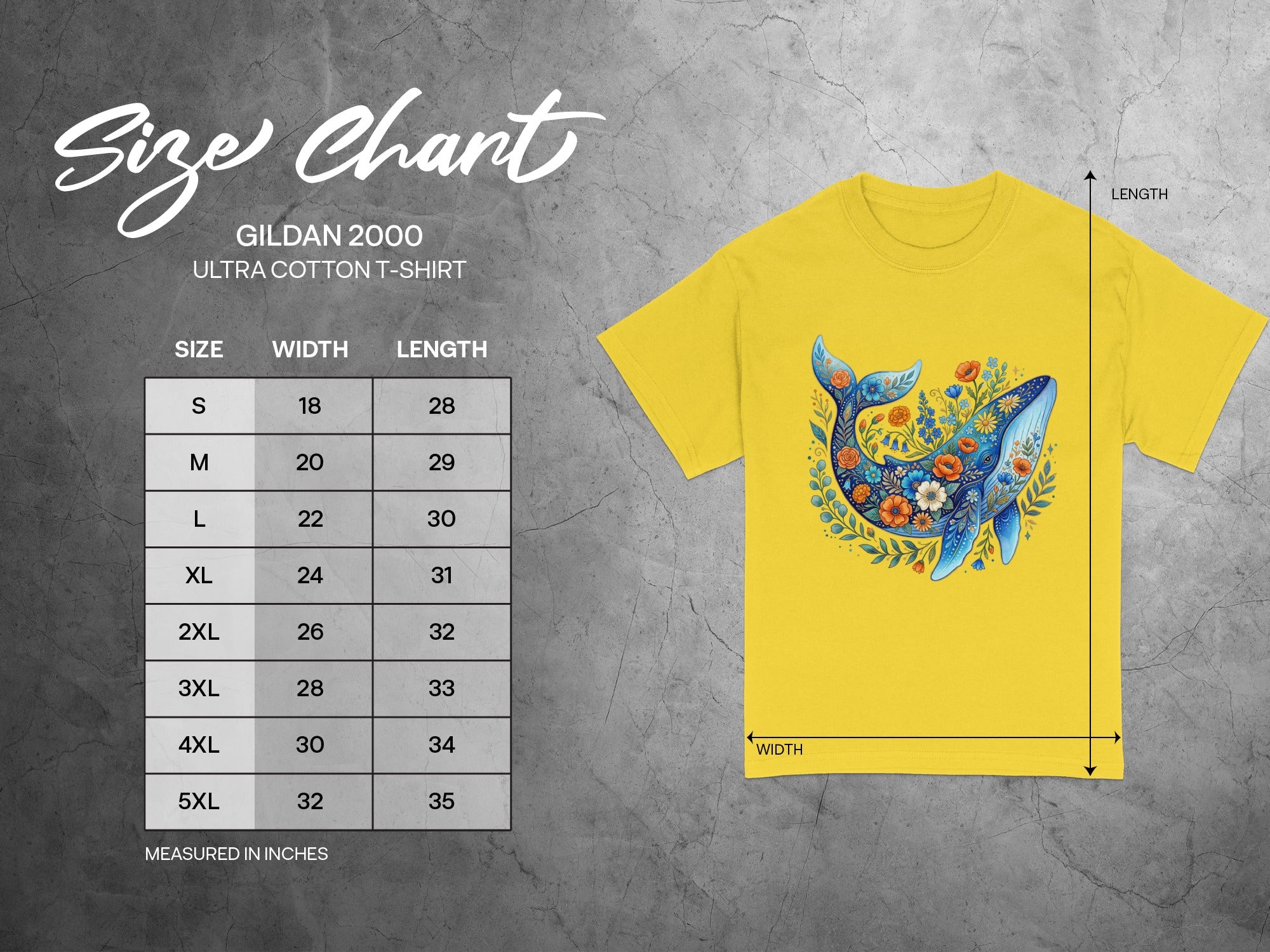 Gildan 2000 Ultra Cotton T-Shirt size chart with measurements in inches.