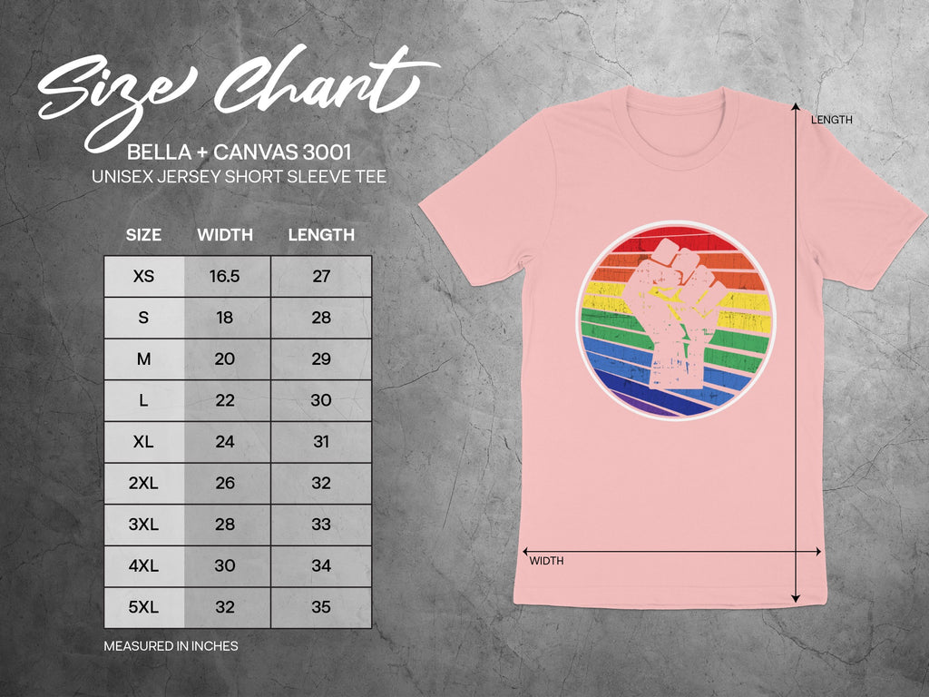 BELLA + CANVAS 3001 unisex tee size chart with width and length measurements.