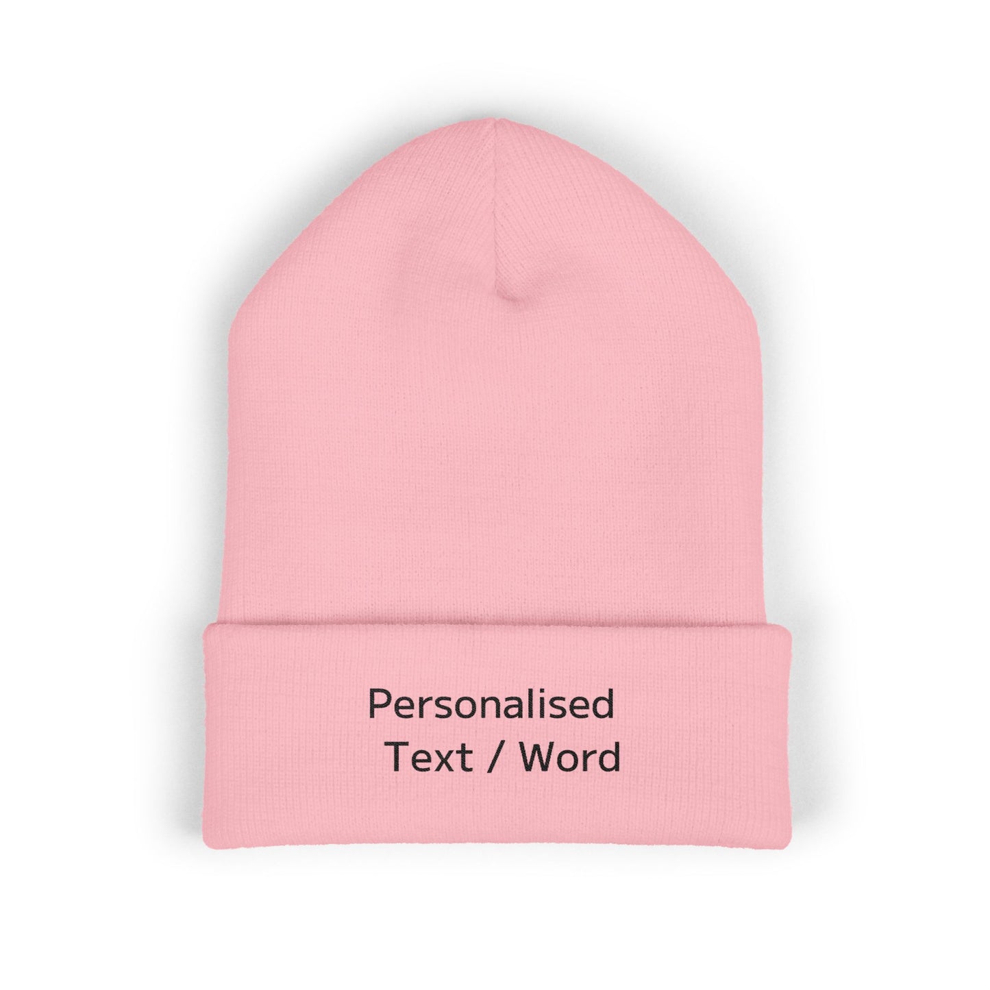 Pink knit beanie with customisable text: "Personalised Text / Word"