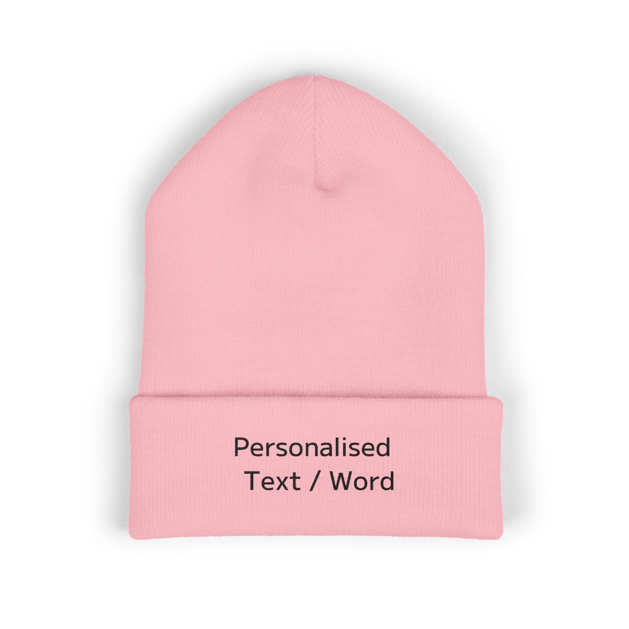 Pink knit beanie with customisable text: "Personalised Text / Word"
