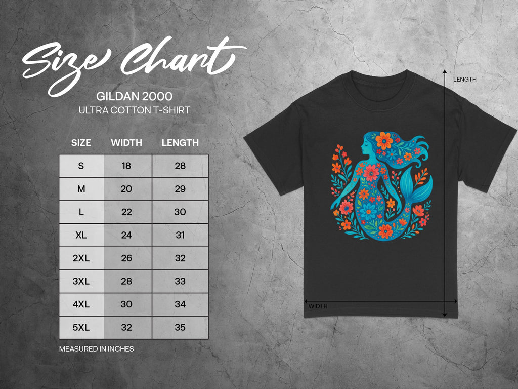 Gildan 2000 Ultra Cotton T-shirt size chart with mermaid graphic and measurements.