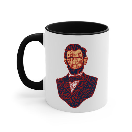Mug featuring Abraham Lincoln silhouette made of text.
