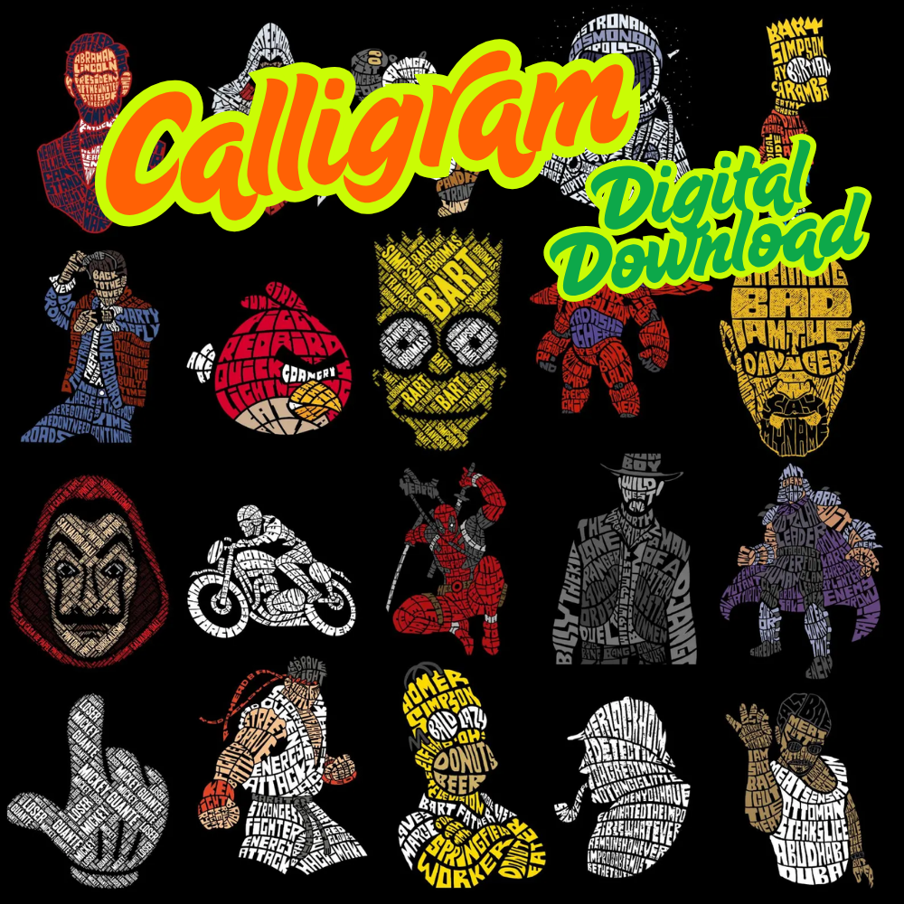 Calligram art with characters and text, digital download.
