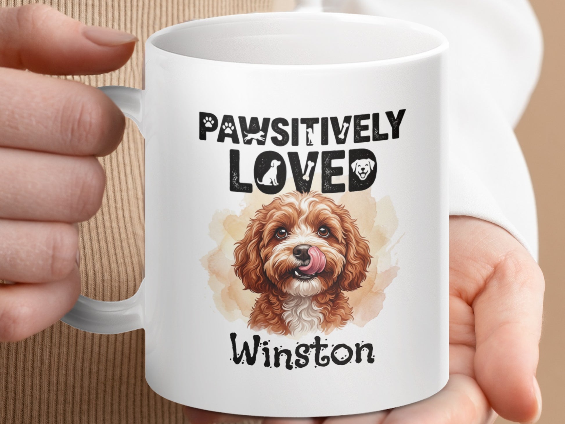 Mug with dog portrait and text "Pawsitively Loved Winston"