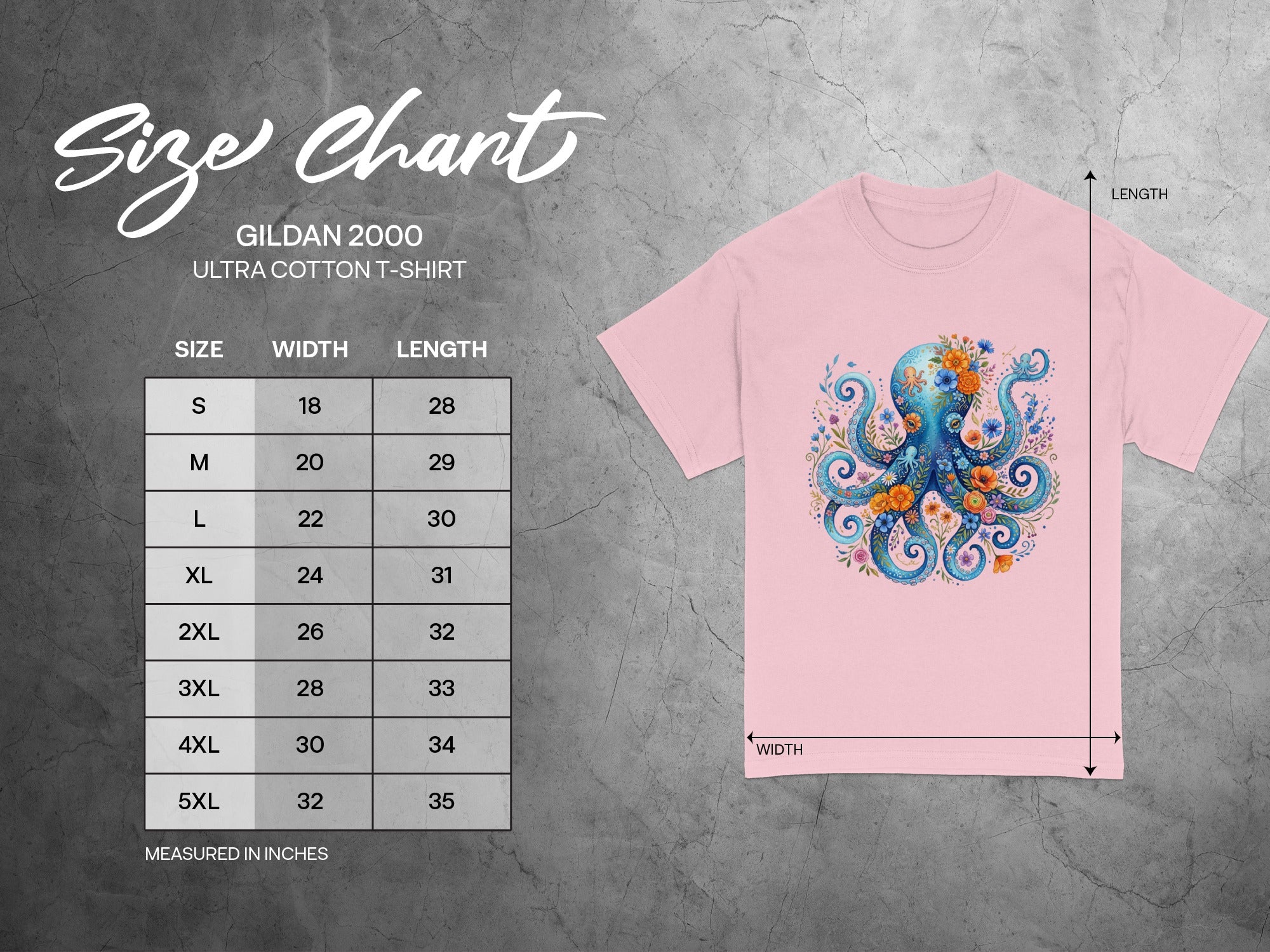 Gildan 2000 size chart for ultra cotton t-shirt with measurements.