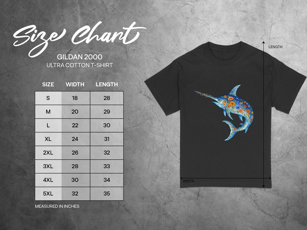 Gildan 2000 Ultra Cotton T-Shirt size chart with floral marlin graphic.