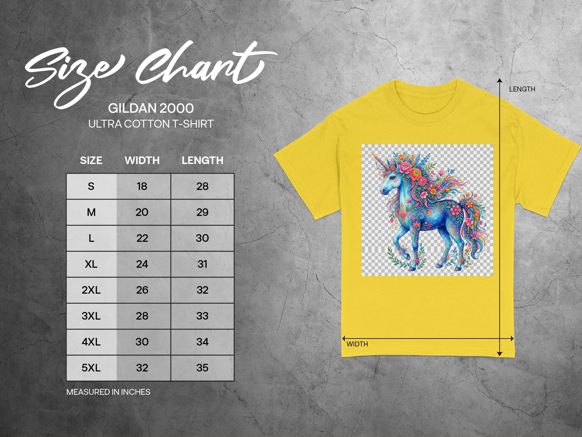 Gildan 2000 t-shirt size chart showing width and length measurements in inches.