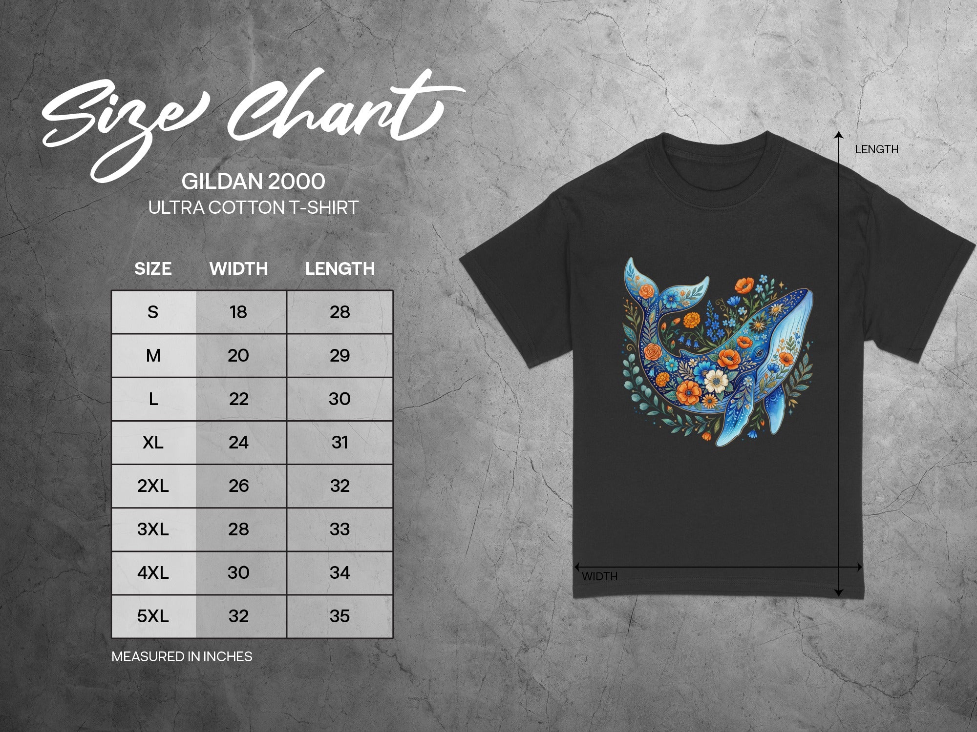 Gildan 2000 Ultra Cotton T-Shirt size chart with measurements in inches.