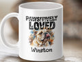 White mug with "Pawsitively Loved" text and an English bulldog illustration named Winston.