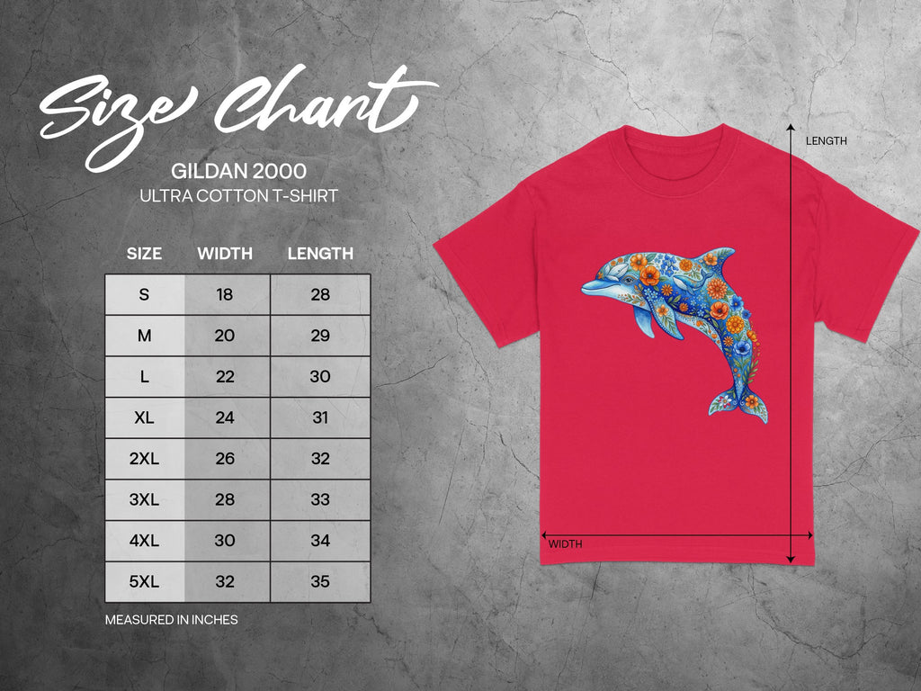 Gildan 2000 Ultra Cotton T-Shirt size chart with floral dolphin graphic.