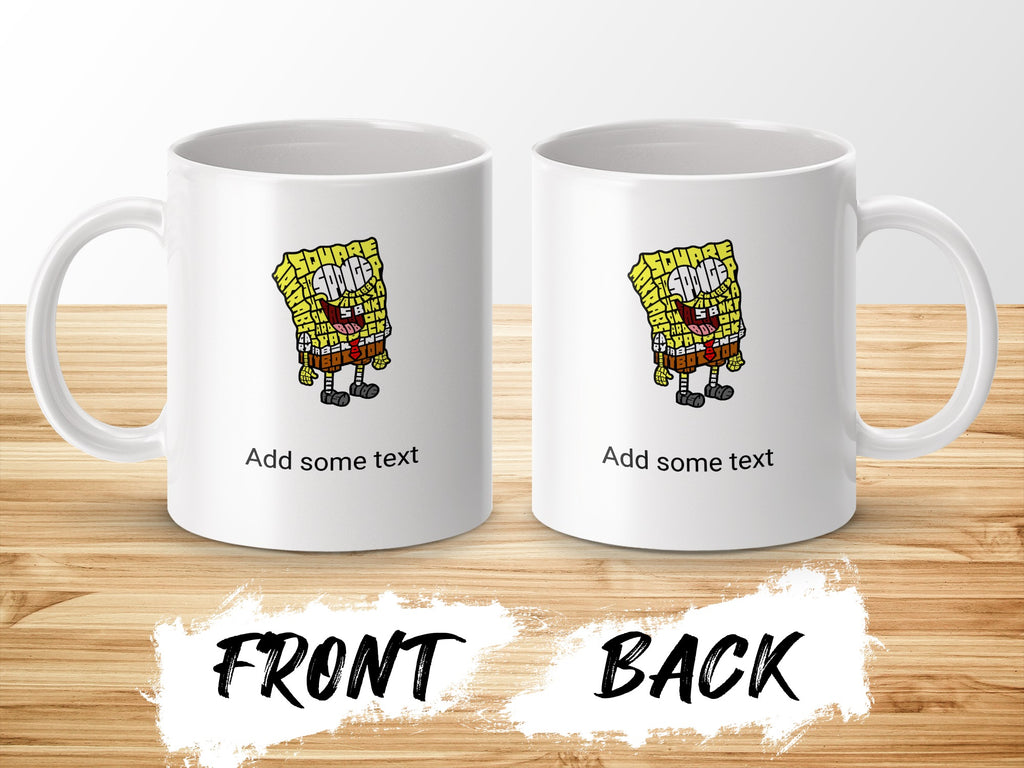 White mugs with Spongebob Squarepants illustration and "Add some text" labels.