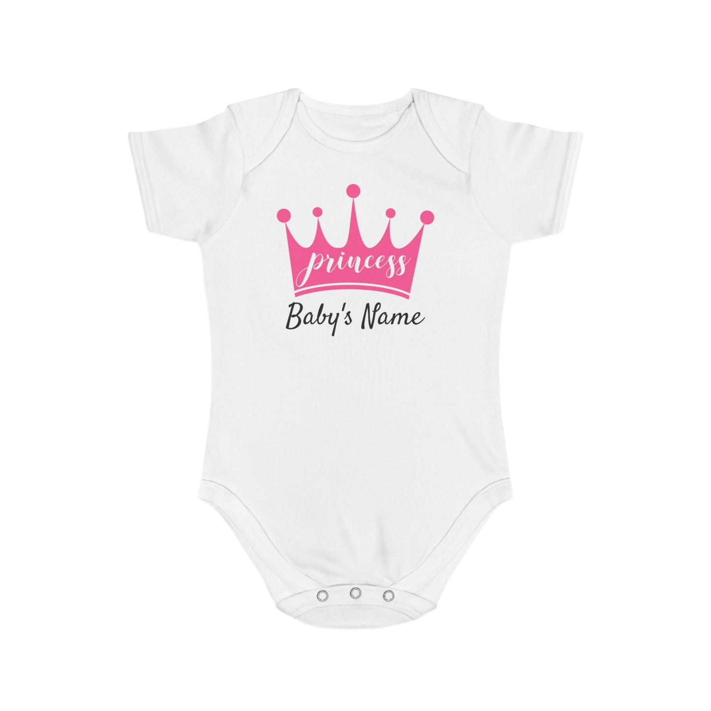 White baby onesie with "princess" and "Baby's Name" text.