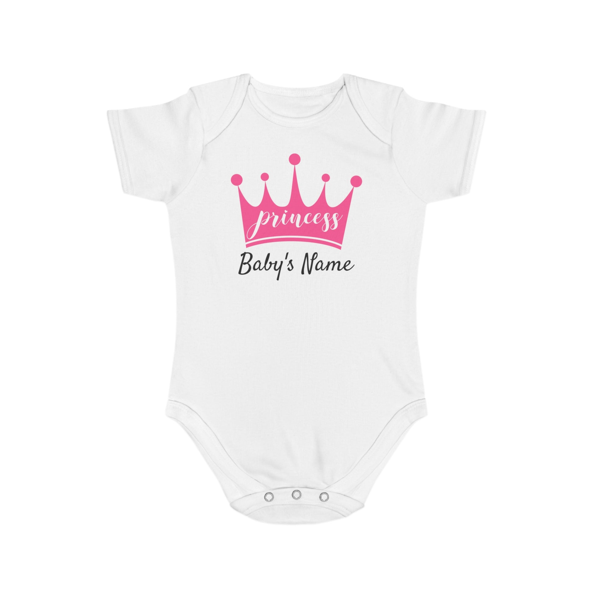 White baby onesie with "princess" and "Baby's Name" text.