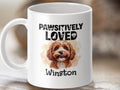 White mug with dog art and text "PAWSITIVELY LOVED Winston".