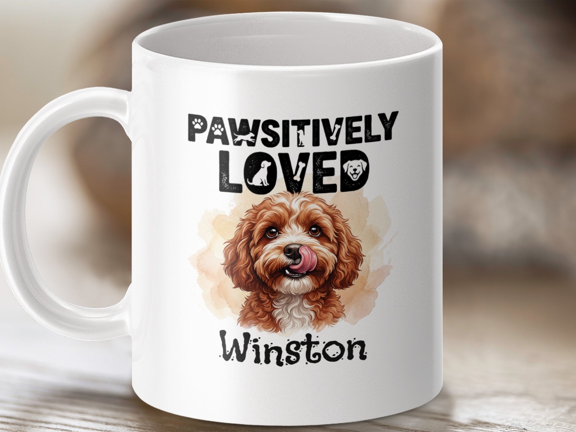 White mug with dog art and text "PAWSITIVELY LOVED Winston".
