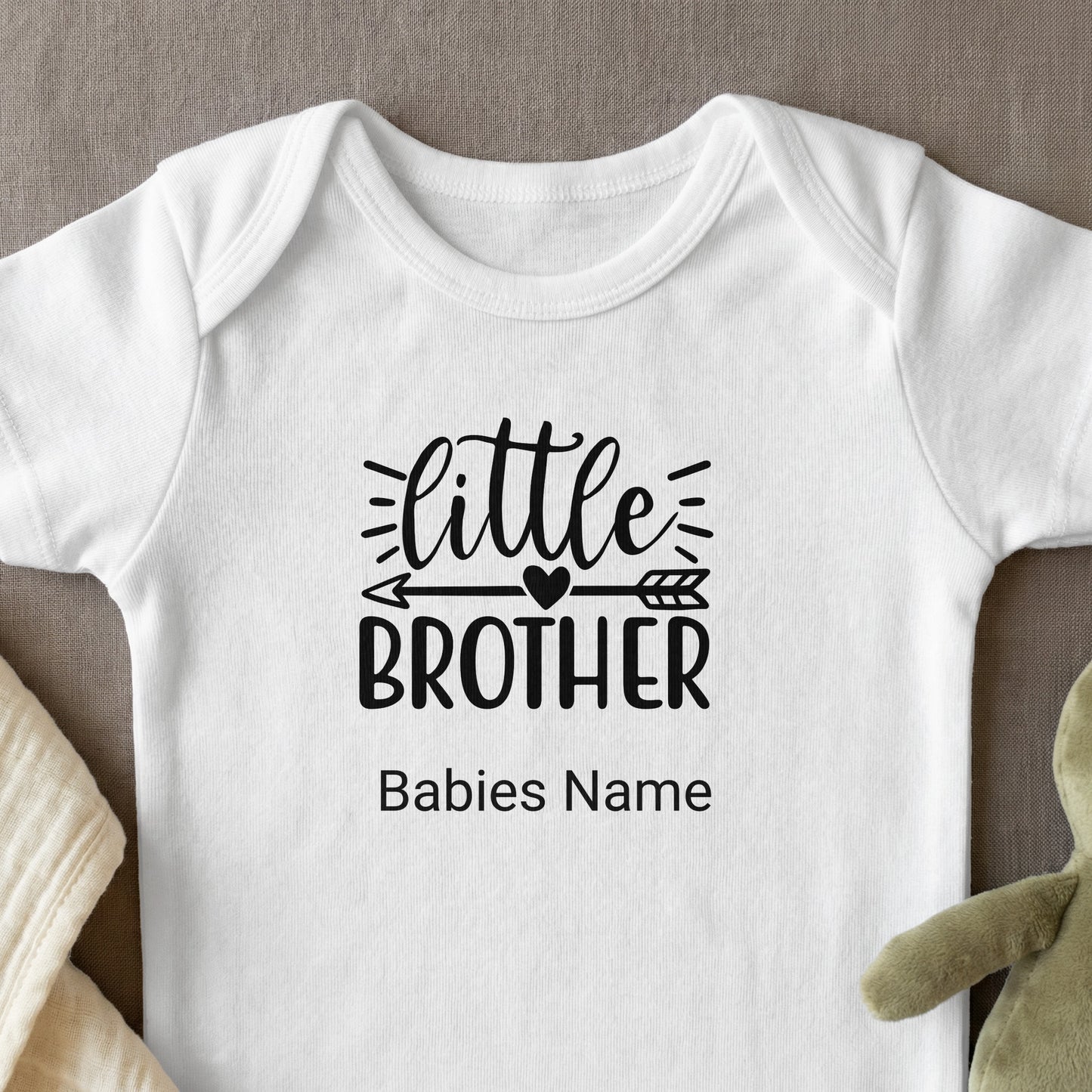 White baby onesie with "little BROTHER" and space for "Babies Name" text.