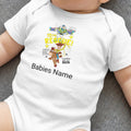 Toy Story graphic on a white baby onesie with "Babies Name" text.