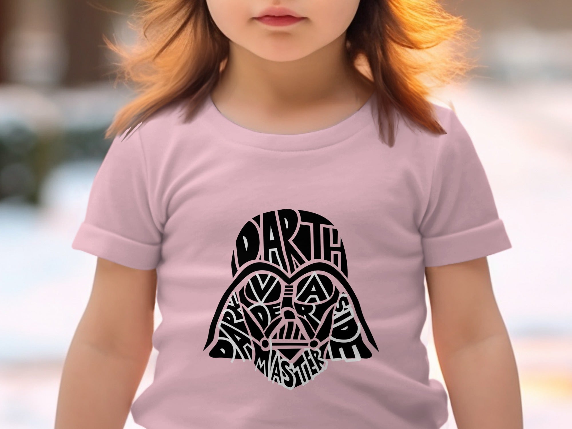 Pink t-shirt with Darth Vader helmet design made of text.