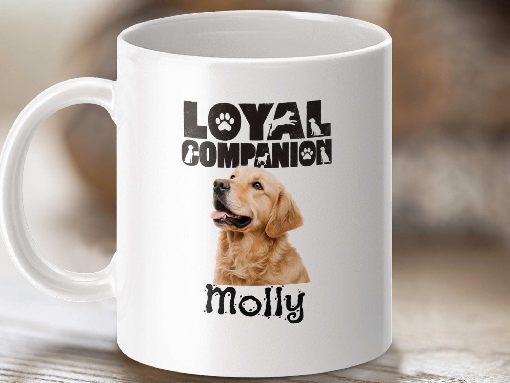 Mug with "Loyal Companion" text, Golden Retriever dog, and name "Molly."