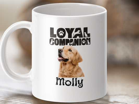 Mug with "Loyal Companion" text, Golden Retriever dog, and name "Molly."