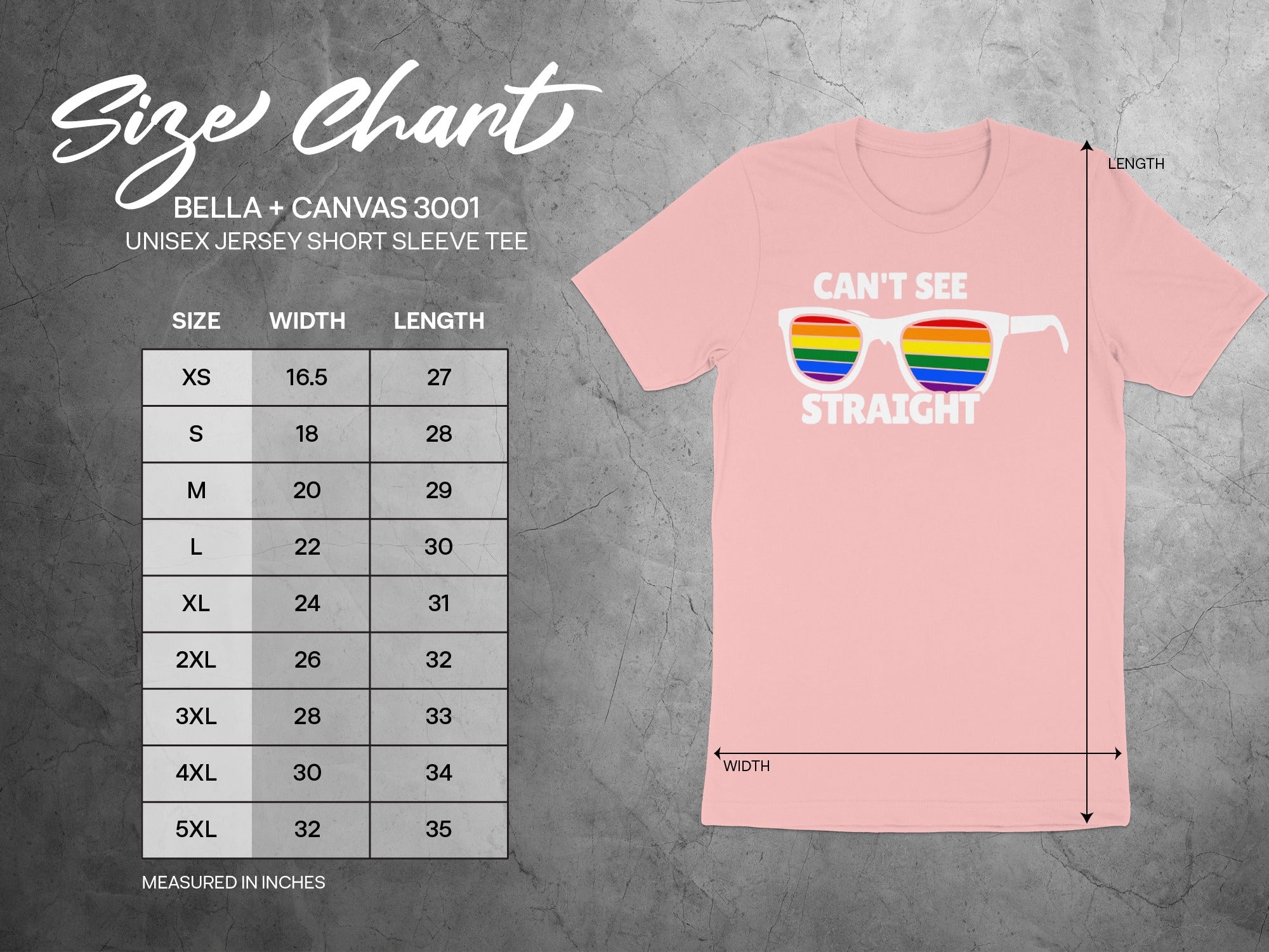 Size chart for Bella+Canvas 3001 unisex tee with rainbow sunglasses graphic.