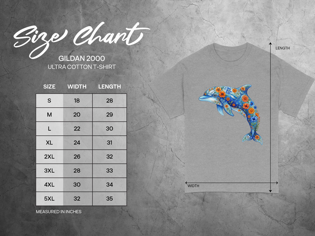 Gildan 2000 Ultra Cotton t-shirt size chart with floral dolphin graphic.