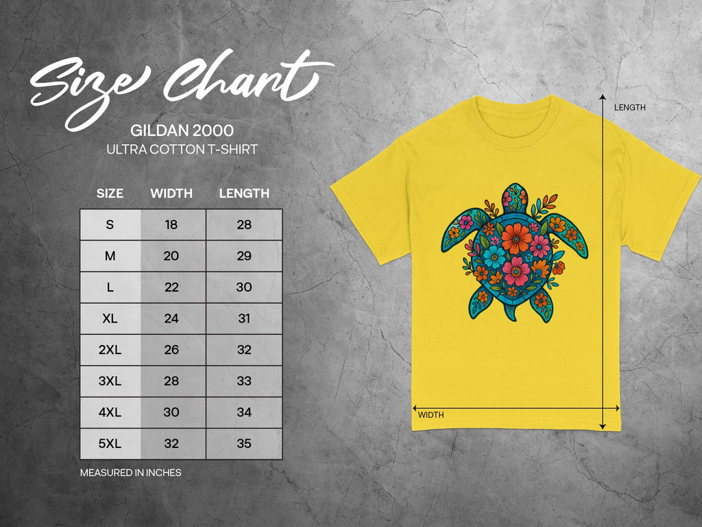 Yellow t-shirt with floral turtle graphic; size chart includes width and length in inches.