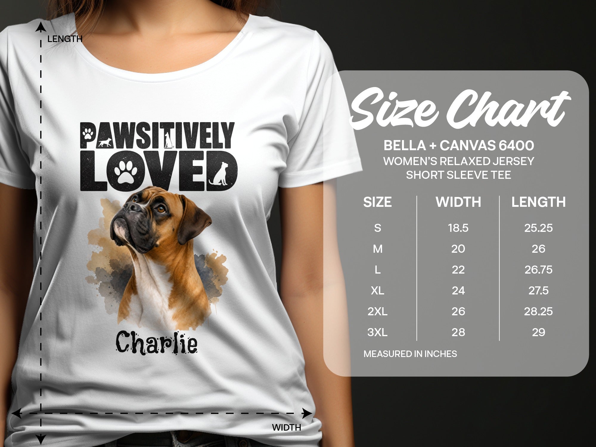 White t-shirt with boxer dog art and "Pawsitively Loved" text, with size chart.