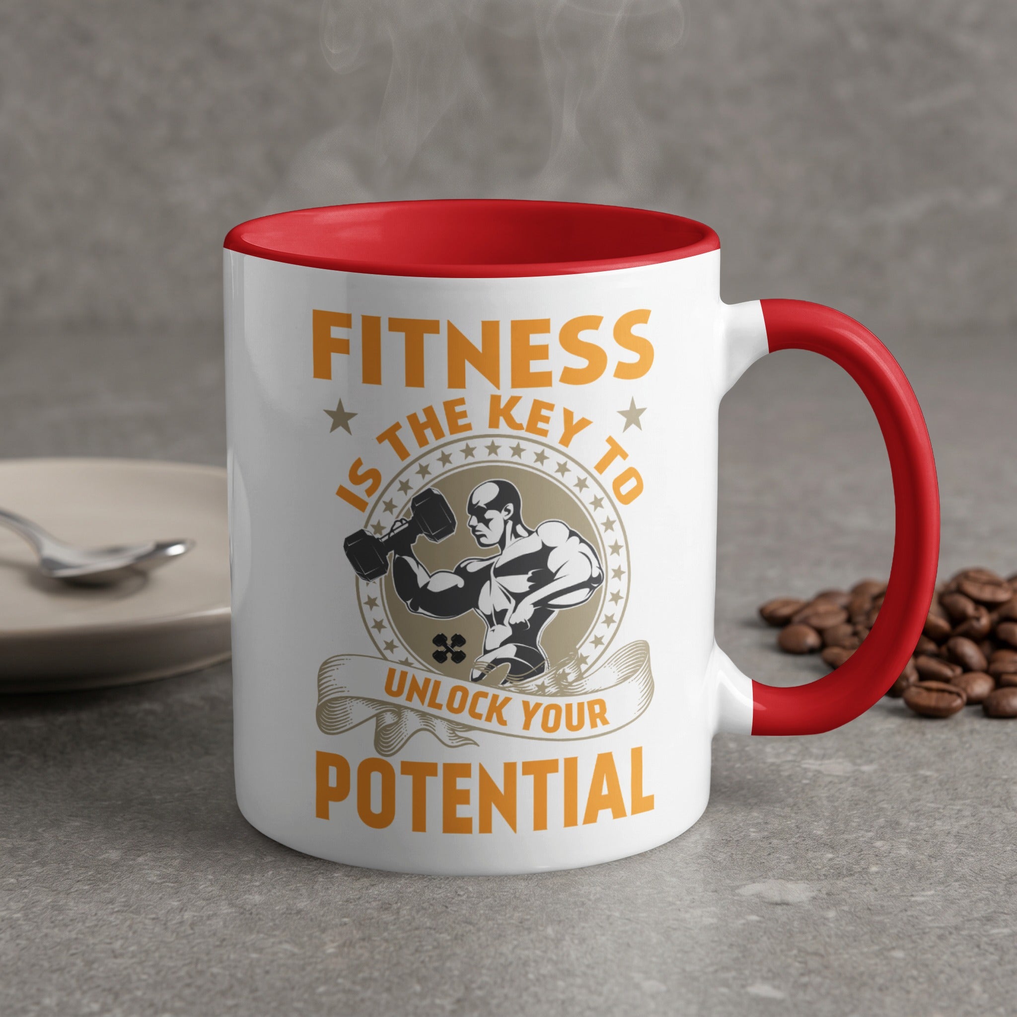 Mug with "Fitness is the key to unlock your potential" and barbell graphic.