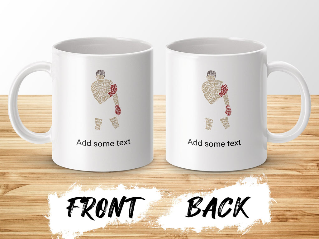 Two white mugs with boxer silhouette made of text, "FRONT BACK" below.