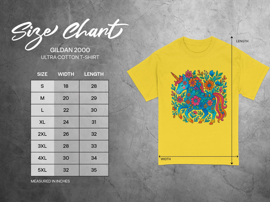 Gildan 2000 Ultra Cotton T-Shirt size chart with width and length measurements in inches.