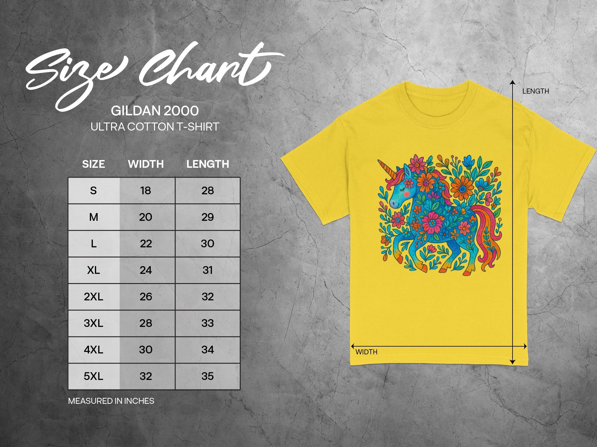 Gildan 2000 Ultra Cotton T-Shirt size chart with width and length measurements in inches.