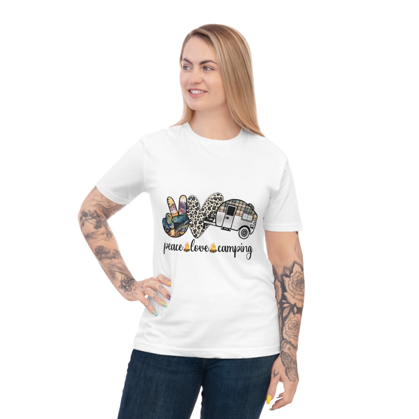 White t-shirt graphic with "peace love camping" text and icons.