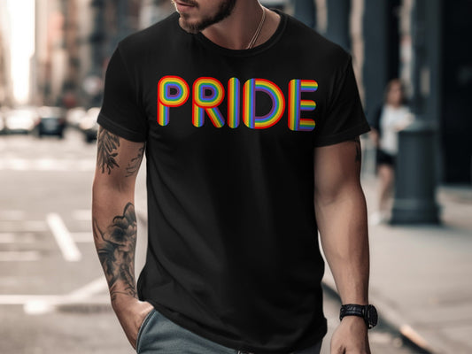 Black t-shirt with rainbow-colored "PRIDE" text and arm tattoo.