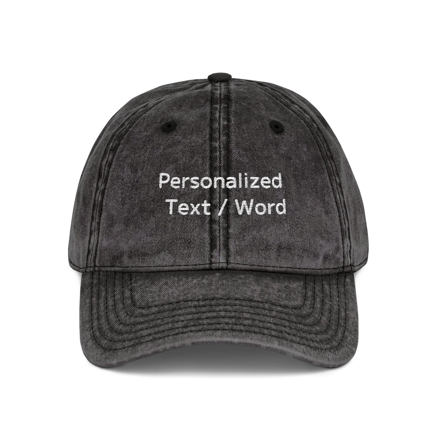 Gray washed cap with embroidered "Personalized Text / Word" on front.