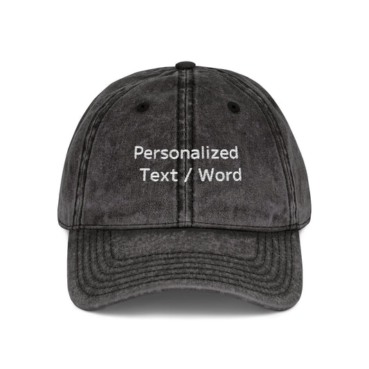 Gray washed cap with embroidered "Personalized Text / Word" on front.