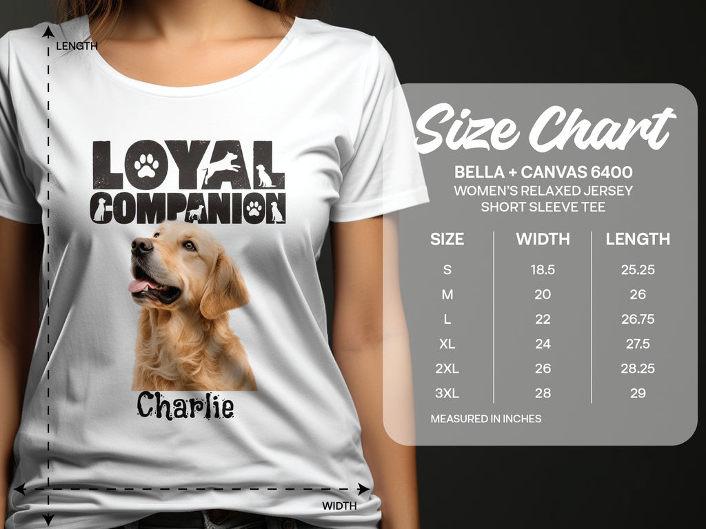 White t-shirt with "Loyal Companion" and dog graphic, a Golden Retriever portrait named Charlie, and a size chart.