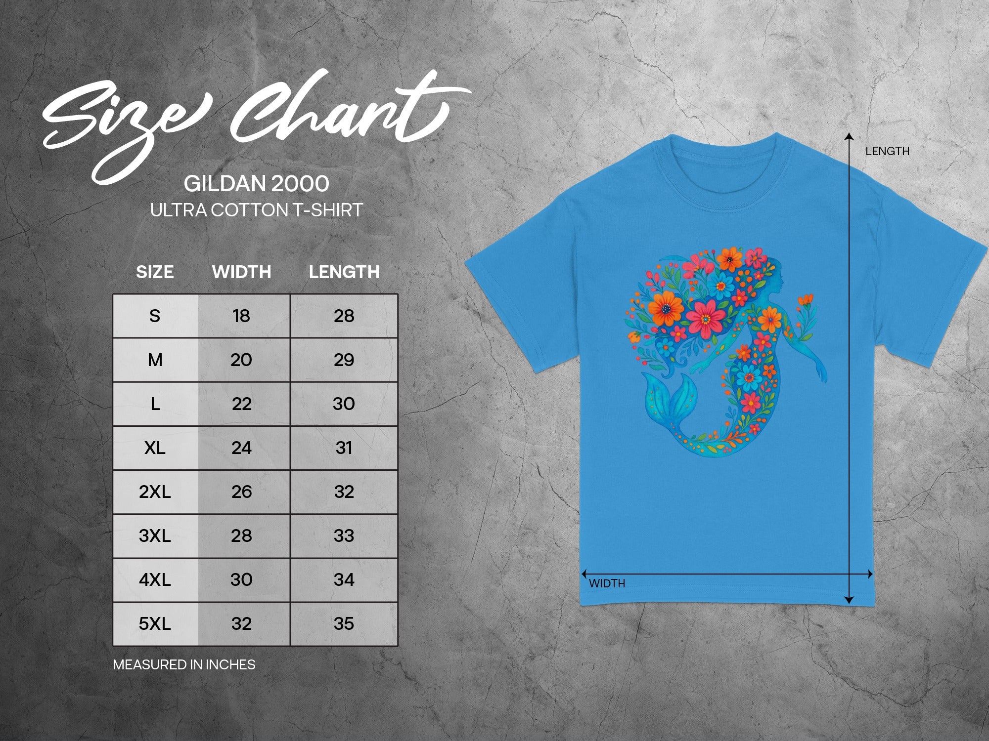Gildan 2000 Ultra Cotton t-shirt size chart with measurements in inches.