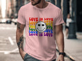 Pink t-shirt with "Love is Love" text and rainbow smiley face graphic.