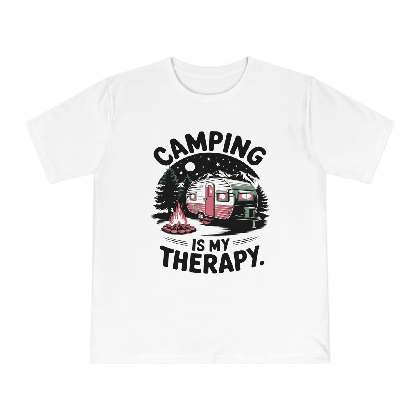 Camping graphic with a trailer, campfire, trees, and mountains text "Camping is my therapy"