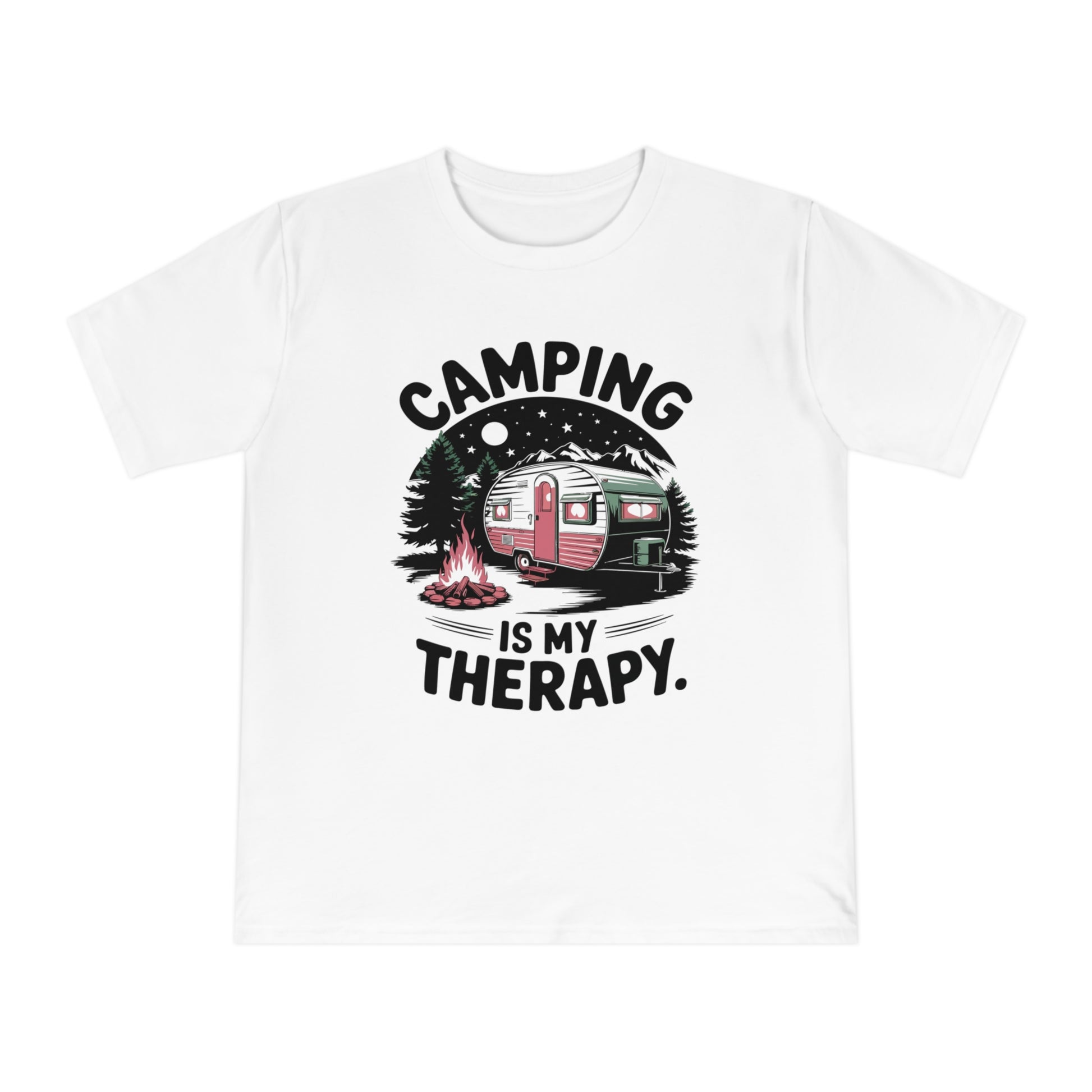 Camping graphic with a trailer, campfire, trees, and mountains text "Camping is my therapy"