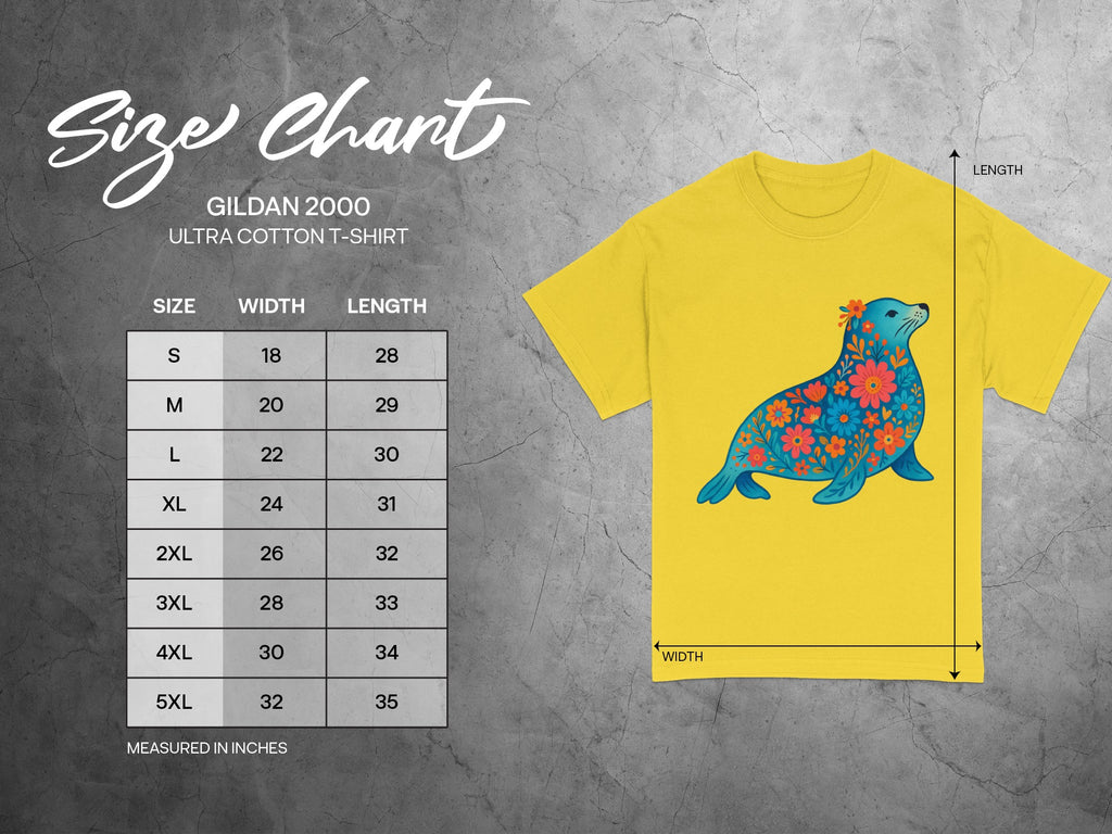 Gildan 2000 Ultra Cotton t-shirt size chart with floral seal graphic.