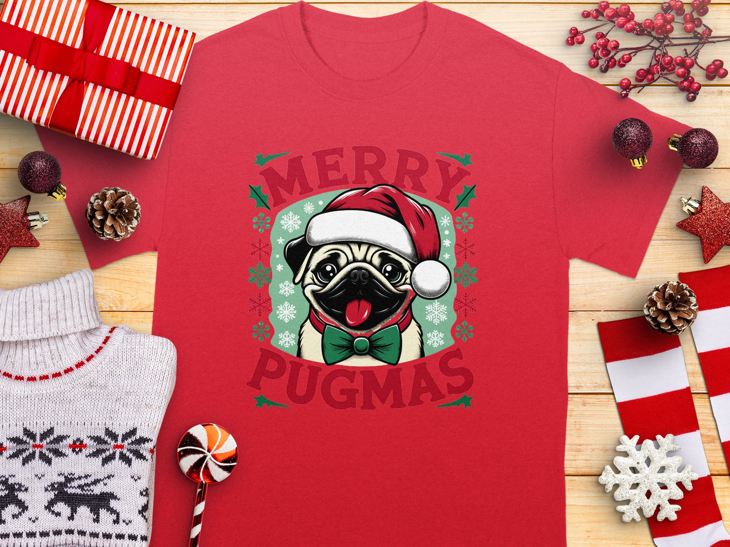 Festive Merry Pugmas Santa Hat T-shirt product