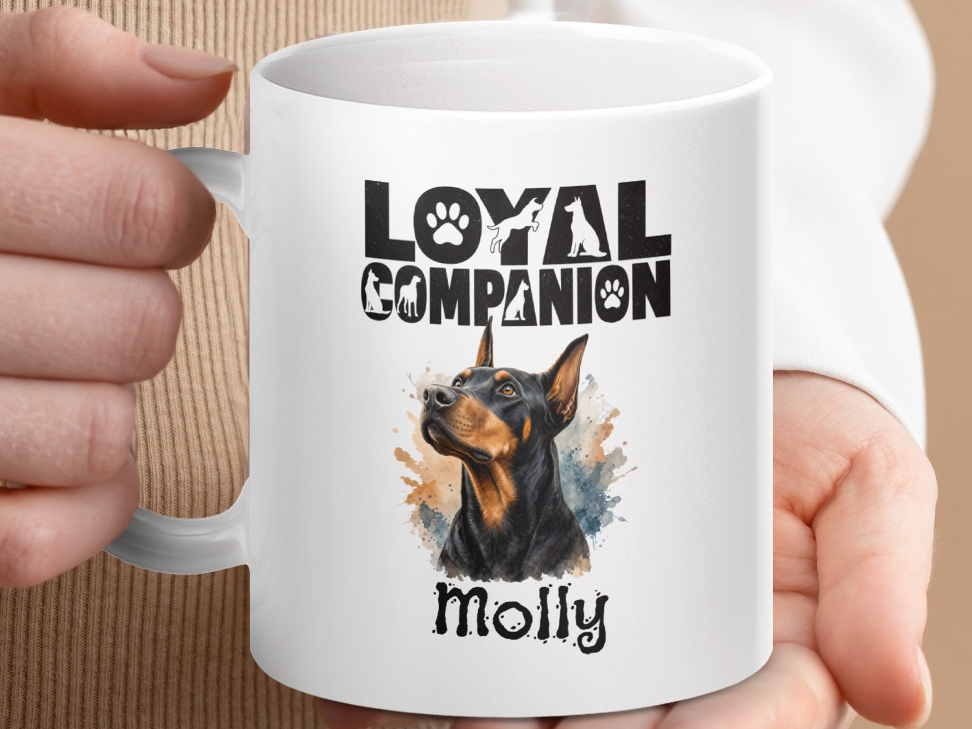 White mug with "Loyal Companion" text, Doberman portrait, and the name "Molly".