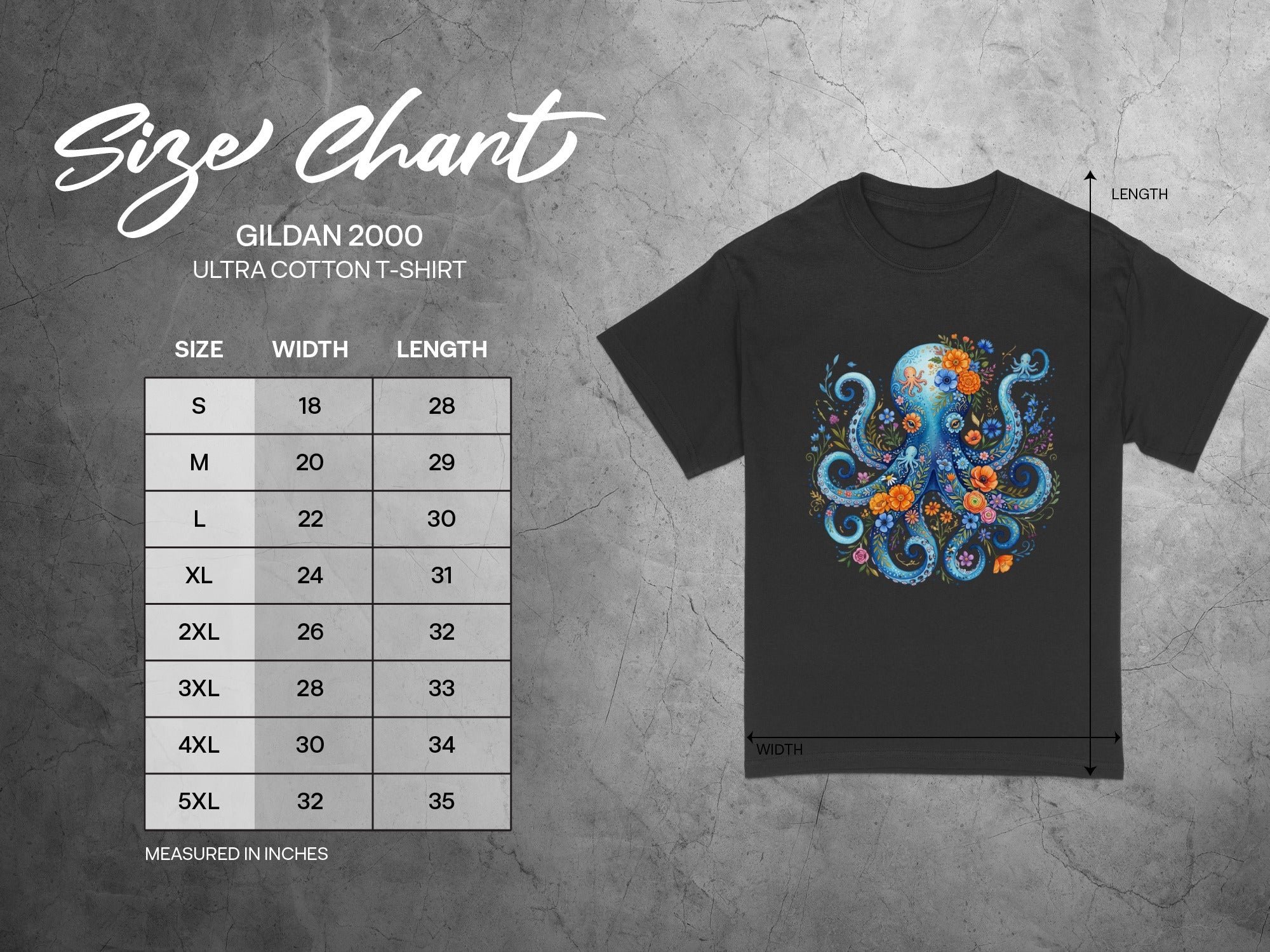 Gildan 2000 Ultra Cotton T-Shirt size chart with octopus graphic.