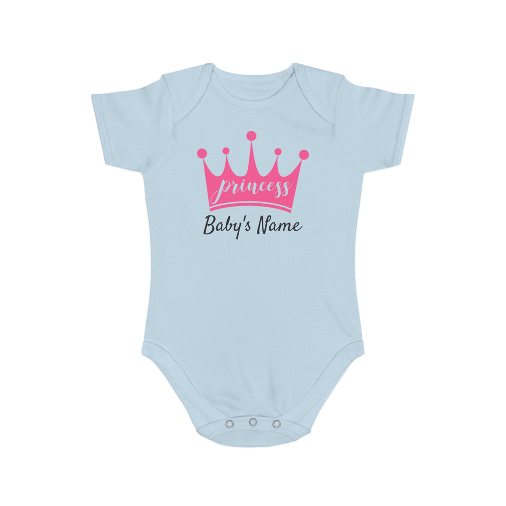 Light blue baby onesie with pink "princess" crown and "Baby's Name" text.